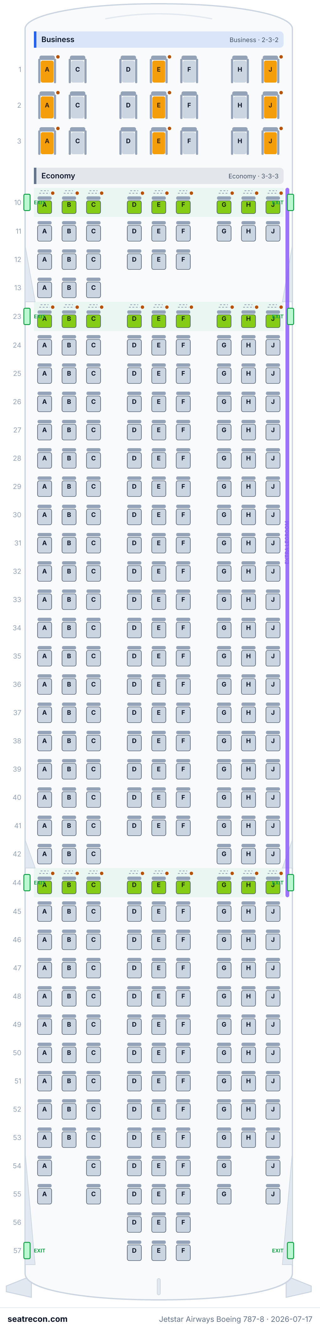 Jetstar Airways Boeing 787-8 seat map diagram — Business, Economy (335 seats)