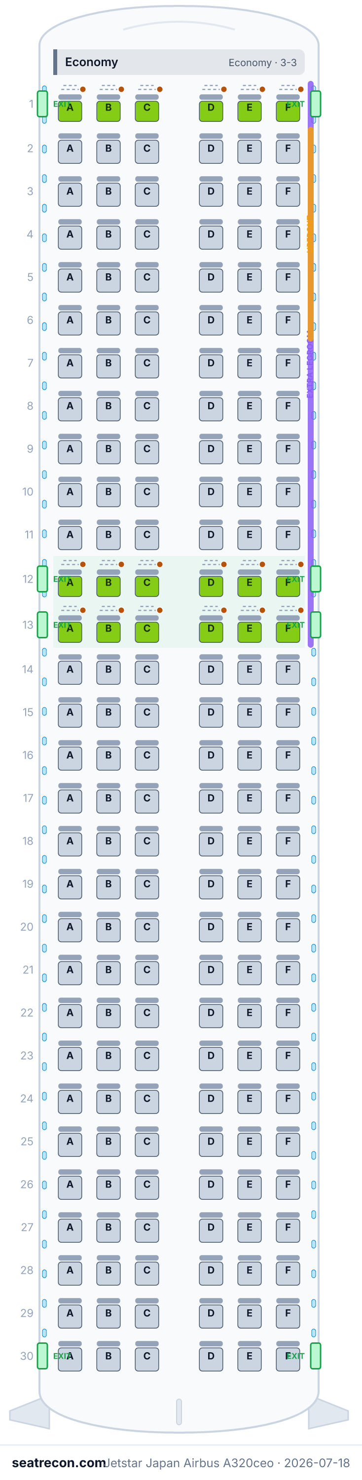 Jetstar Japan Airbus A320ceo seat map diagram — Economy (180 seats)