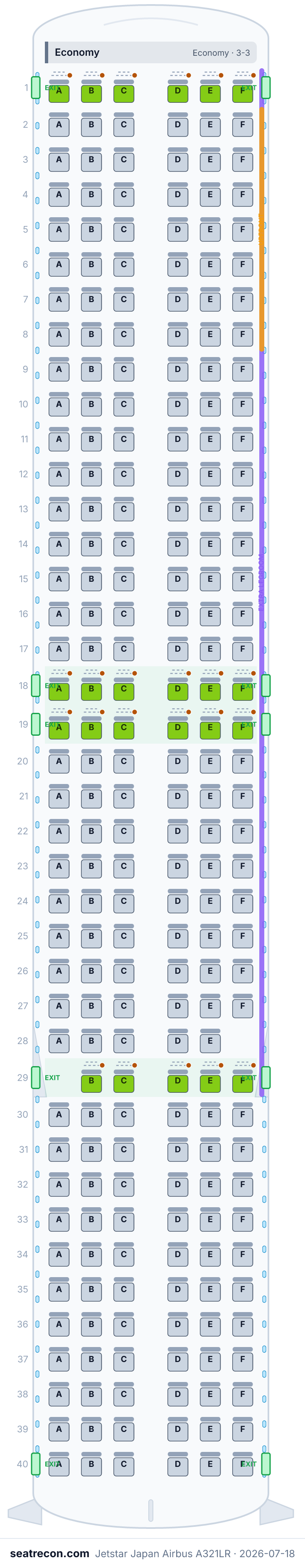 Jetstar Japan Airbus A321LR seat map diagram — Economy (238 seats)