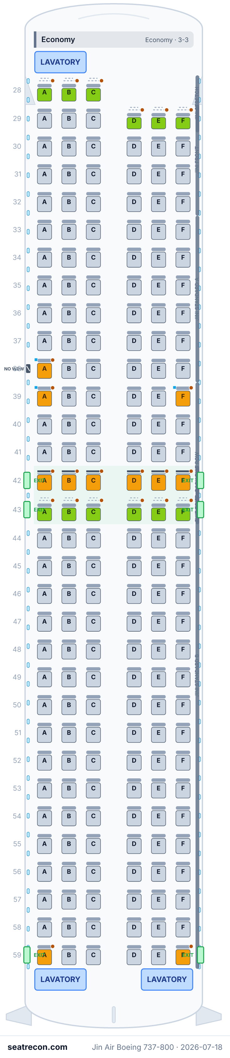 Jin Air Boeing 737-800 seat map diagram — Economy (189 seats)