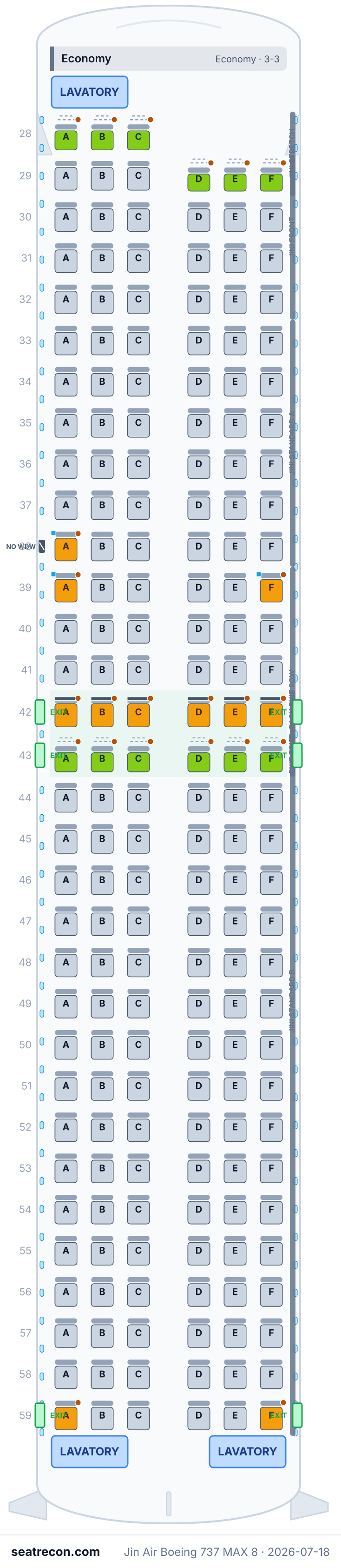 Jin Air Boeing 737 MAX 8 seat map diagram — Economy (189 seats)