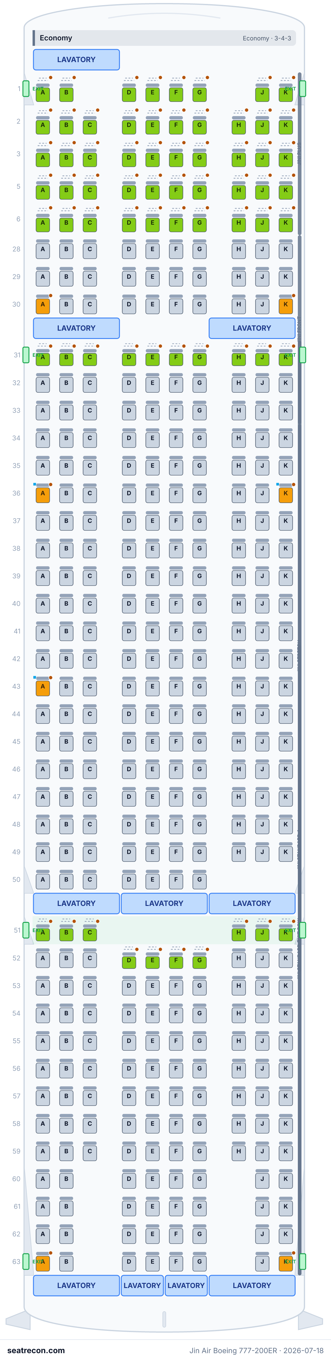 Jin Air Boeing 777-200ER seat map diagram — Economy (393 seats)