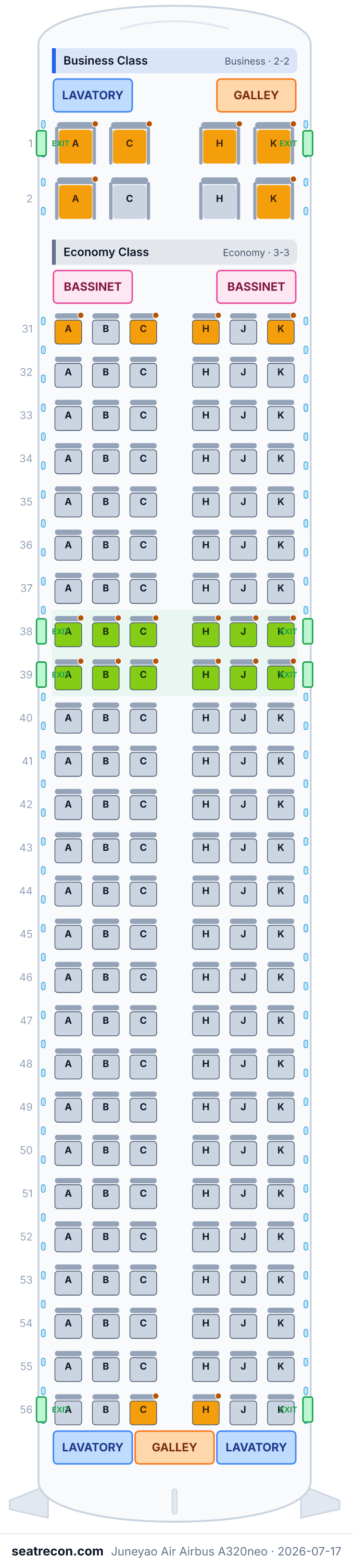 Juneyao Air Airbus A320neo seat map diagram — Business Class, Economy Class (164 seats)