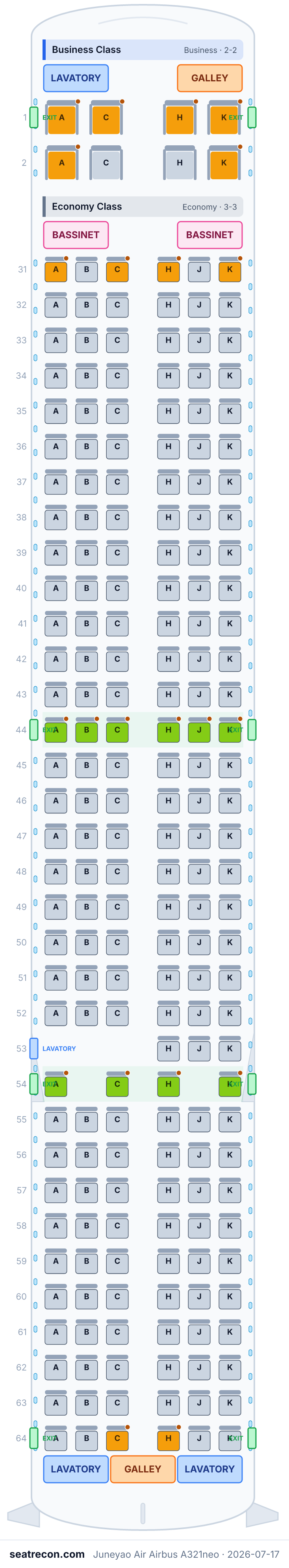 Juneyao Air Airbus A321neo seat map diagram — Business Class, Economy Class (207 seats)
