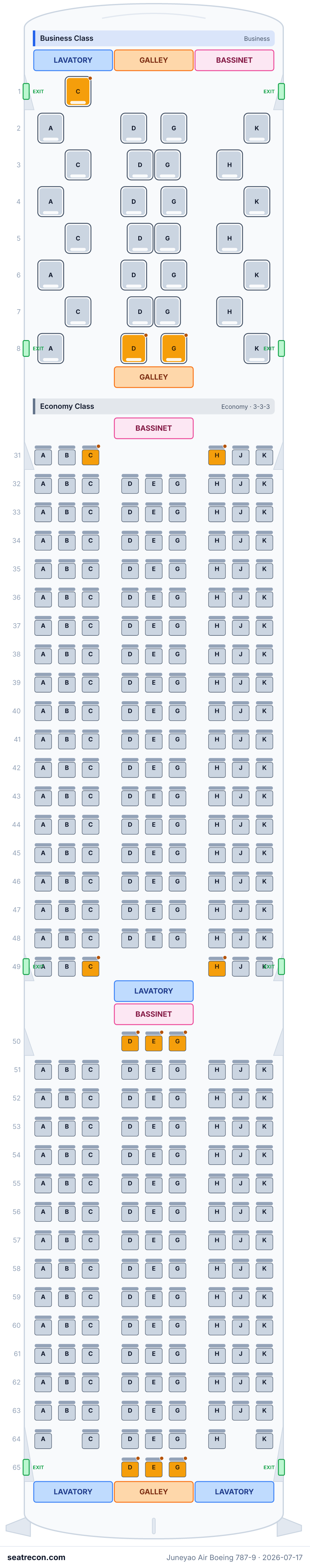 Juneyao Air Boeing 787-9 seat map diagram — Business Class, Economy Class (324 seats)