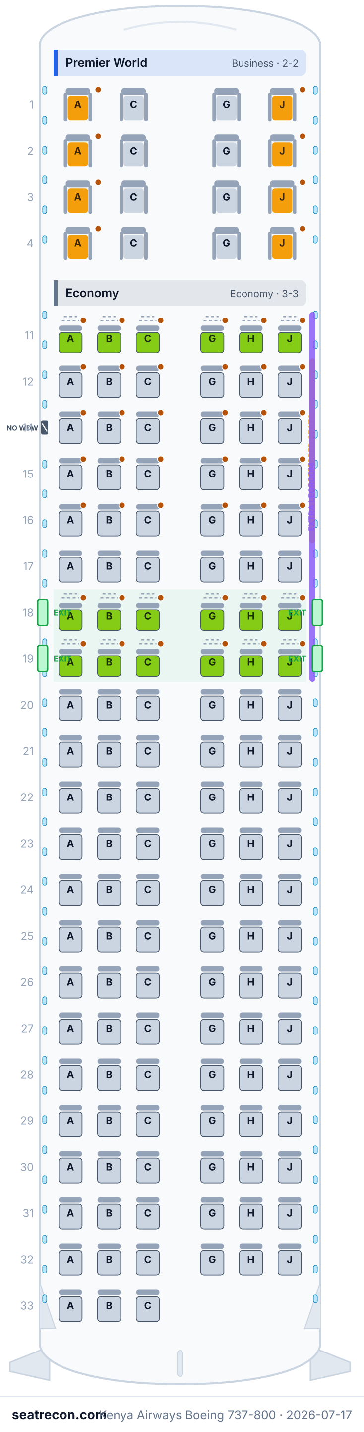 Kenya Airways Boeing 737-800 seat map diagram — Premier World, Economy (145 seats)
