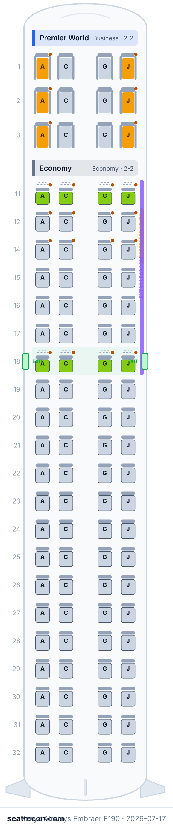 Kenya Airways Embraer E190 seat map diagram — Premier World, Economy (96 seats)