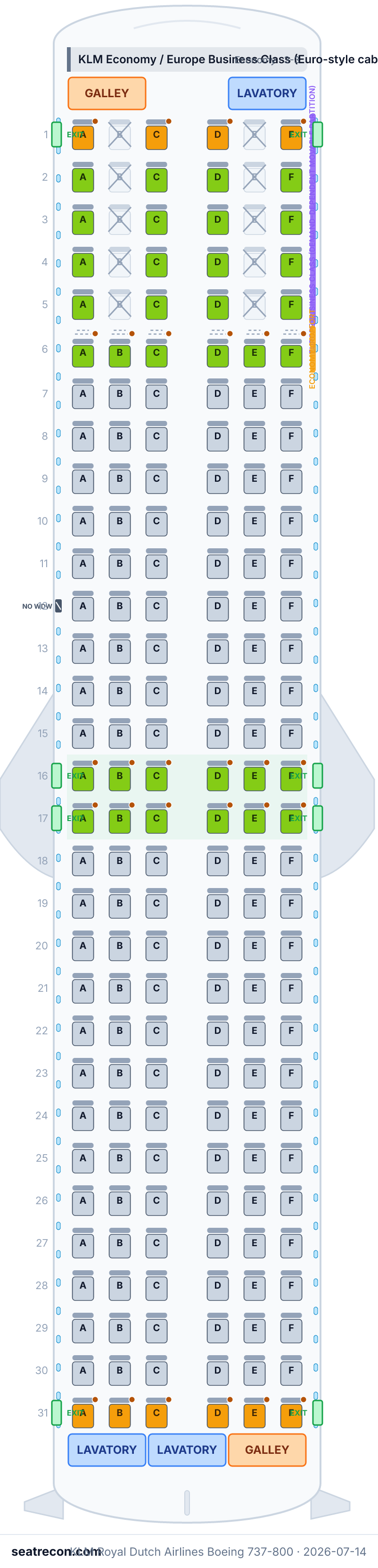 KLM Royal Dutch Airlines Boeing 737-800 seat map diagram — KLM Economy / Europe Business Class (Euro-style cabin) (186 seats)