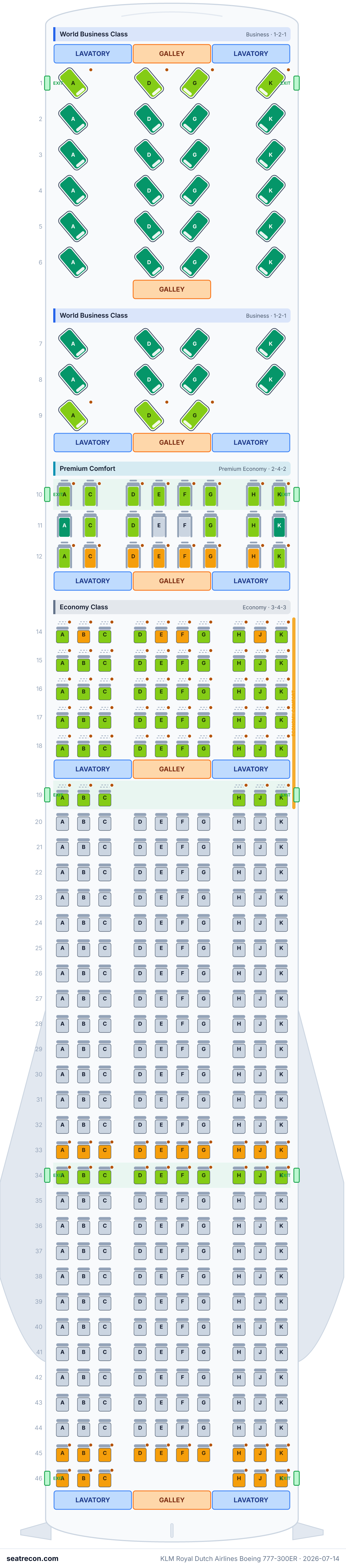 KLM Royal Dutch Airlines Boeing 777-300ER seat map diagram — World Business Class, Premium Comfort, Economy Class (381 seats)