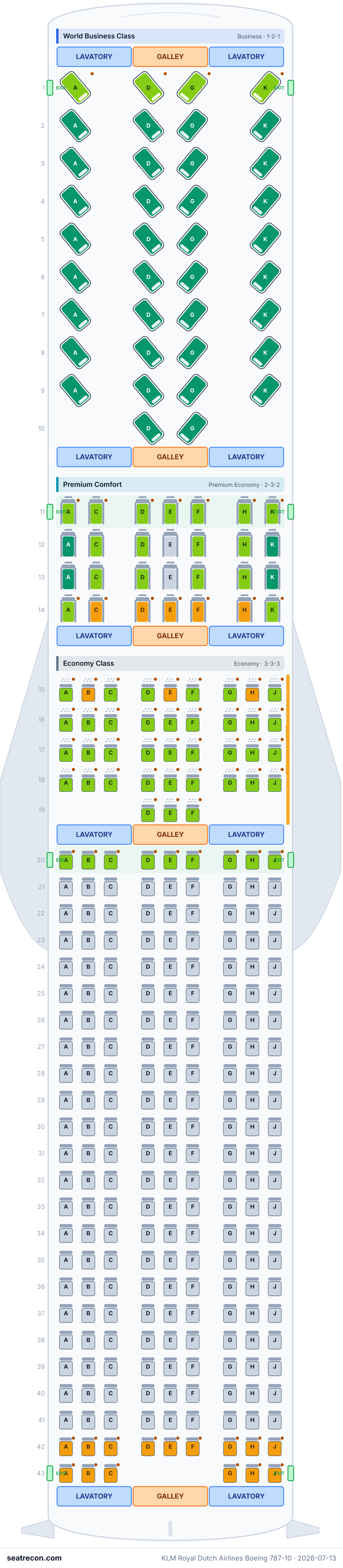 KLM Royal Dutch Airlines Boeing 787-10 seat map diagram — World Business Class, Premium Comfort, Economy Class (318 seats)
