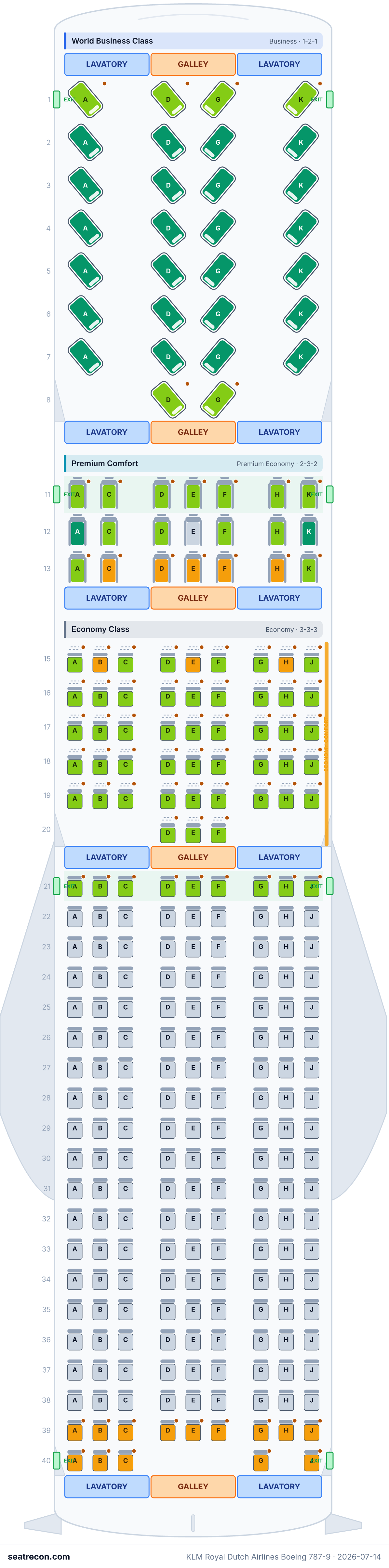 KLM Royal Dutch Airlines Boeing 787-9 seat map diagram — World Business Class, Premium Comfort, Economy Class (275 seats)