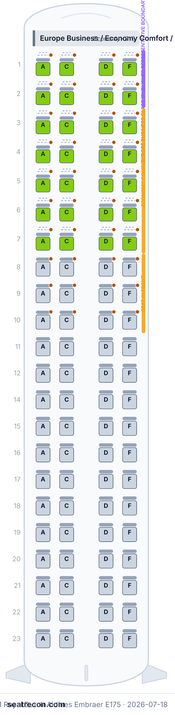 KLM Royal Dutch Airlines Embraer E175 seat map diagram — Europe Business / Economy Comfort / Economy (flexible 2-2 cabin) (88 seats)