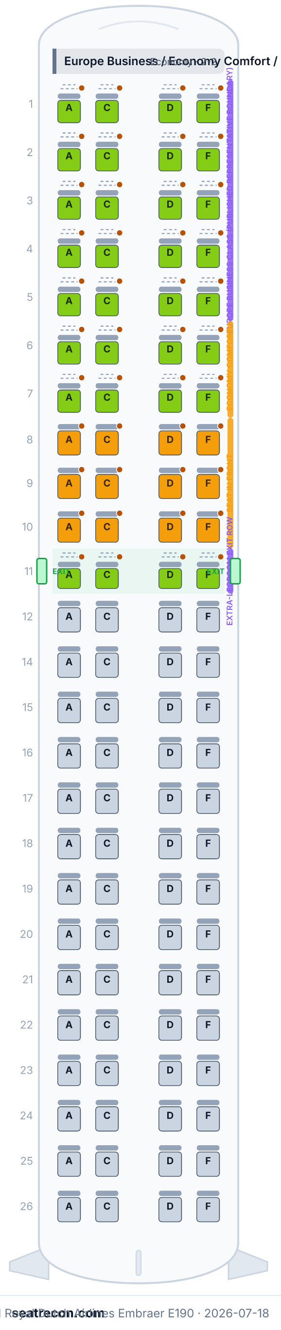 KLM Royal Dutch Airlines Embraer E190 seat map diagram — Europe Business / Economy Comfort / Economy (flexible 2-2 cabin) (100 seats)