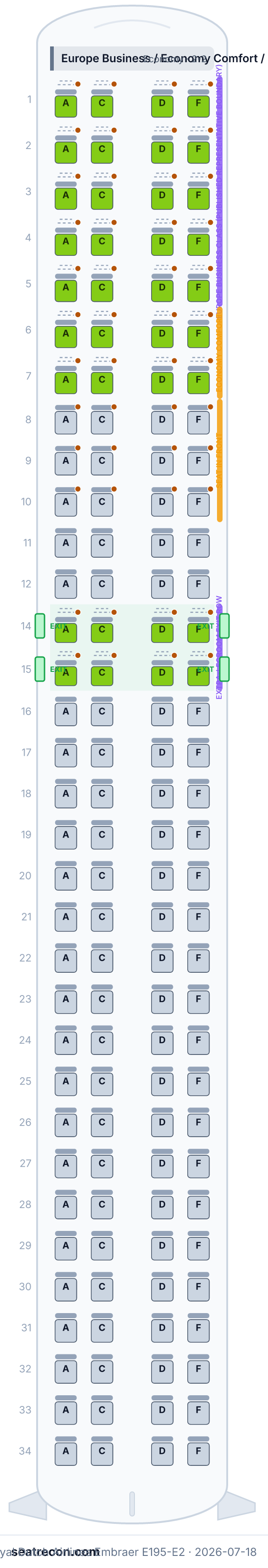 KLM Royal Dutch Airlines Embraer E195-E2 seat map diagram — Europe Business / Economy Comfort / Economy (flexible 2-2 cabin) (132 seats)