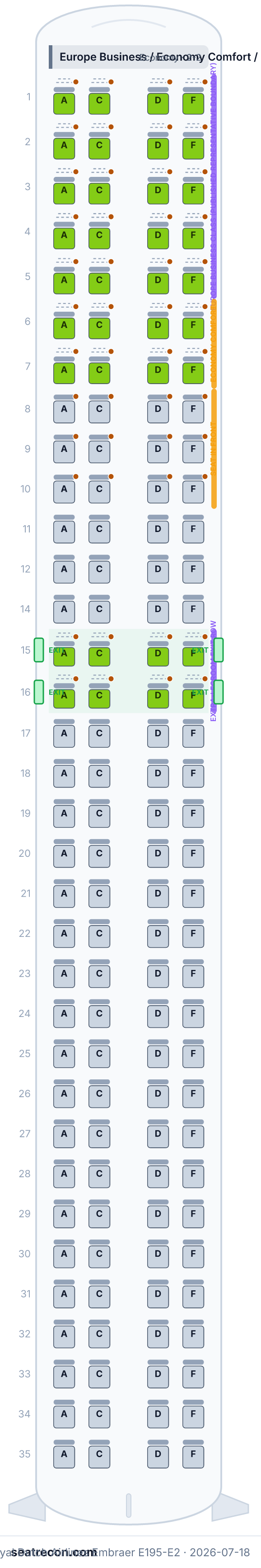 KLM Royal Dutch Airlines Embraer E195-E2 seat map diagram — Europe Business / Economy Comfort / Economy (flexible 2-2 cabin) (136 seats)