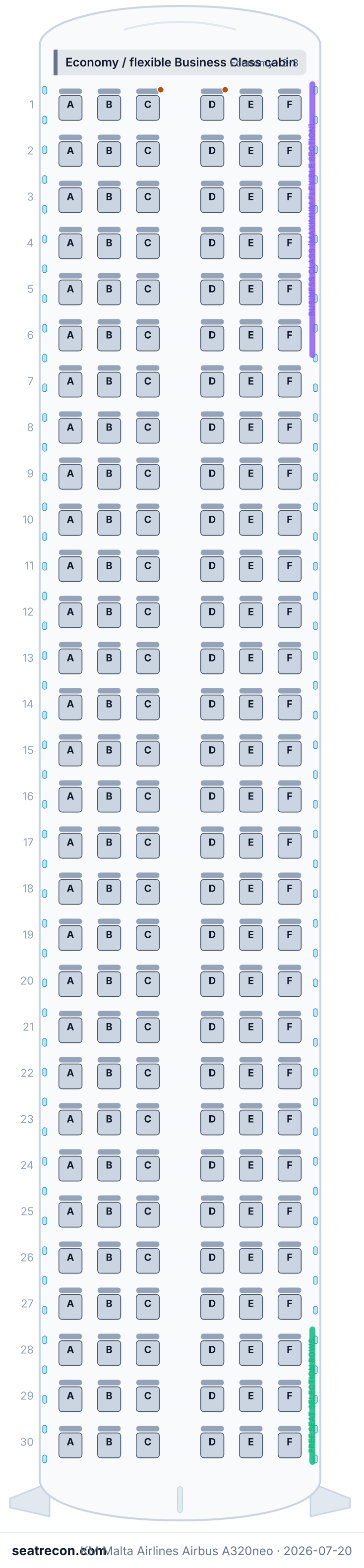 Mapa de asientos del Airbus A320neo de KM Malta Airlines (180Y)