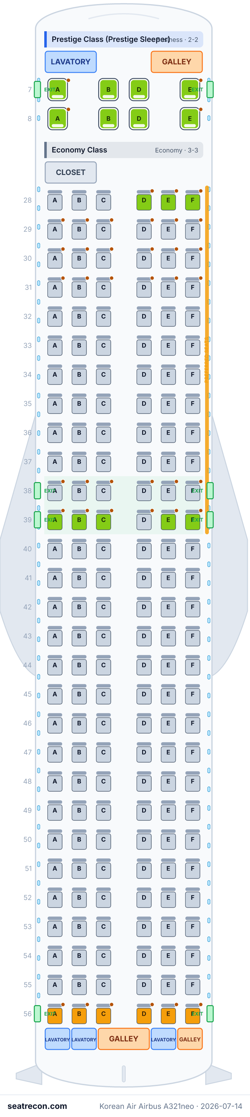 Korean Air Airbus A321neo seat map diagram — Prestige Class (Prestige Sleeper), Economy Class (182 seats)