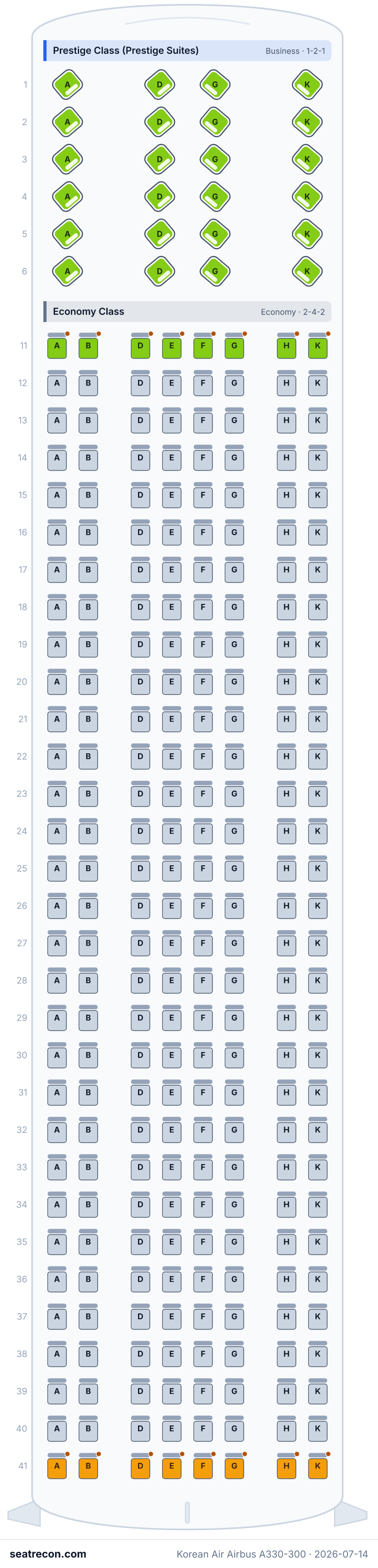 Korean Air Airbus A330-300 seat map diagram — Prestige Class (Prestige Suites), Economy Class (272 seats)
