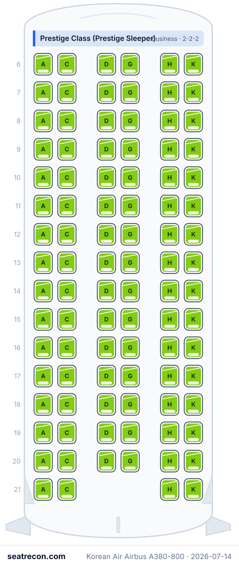 Korean Air Airbus A380-800 seat map diagram — First Class (Kosmo Suites), Economy Class, Prestige Class (Prestige Sleeper) (407 seats) — upper deck