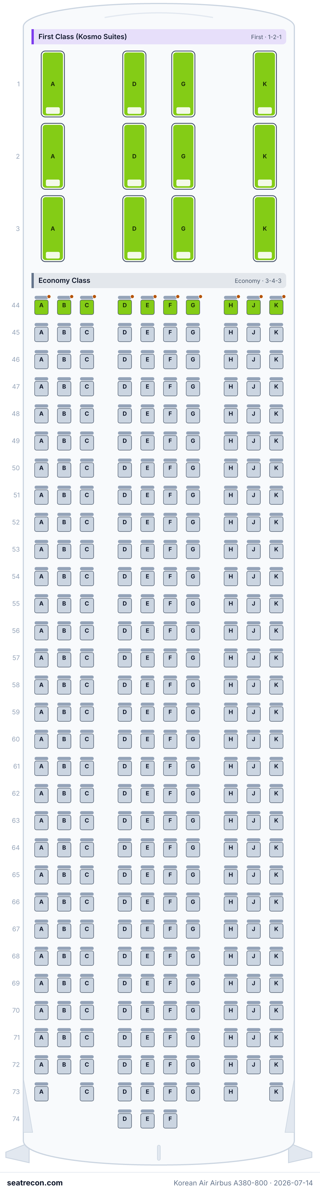 Korean Air Airbus A380-800 seat map diagram — First Class (Kosmo Suites), Economy Class, Prestige Class (Prestige Sleeper) (407 seats)