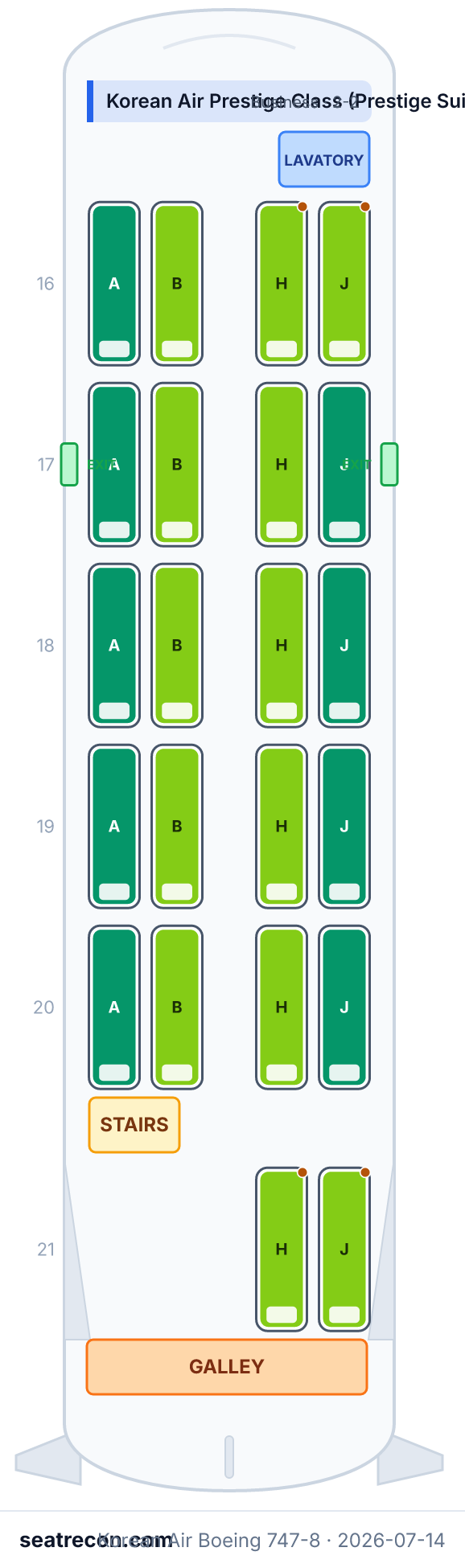 Korean Air Boeing 747-8 seat map diagram — Korean Air First Class (Kosmo Suites 2.0), Korean Air Prestige Class (Prestige Suites), Korean Air Economy Class (368 seats) — upper deck