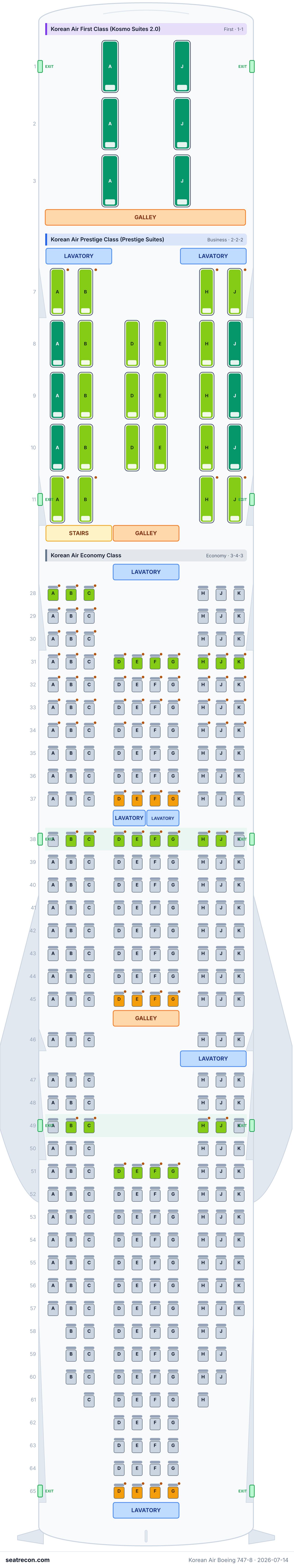 Korean Air Boeing 747-8 seat map diagram — Korean Air First Class (Kosmo Suites 2.0), Korean Air Prestige Class (Prestige Suites), Korean Air Economy Class (368 seats)