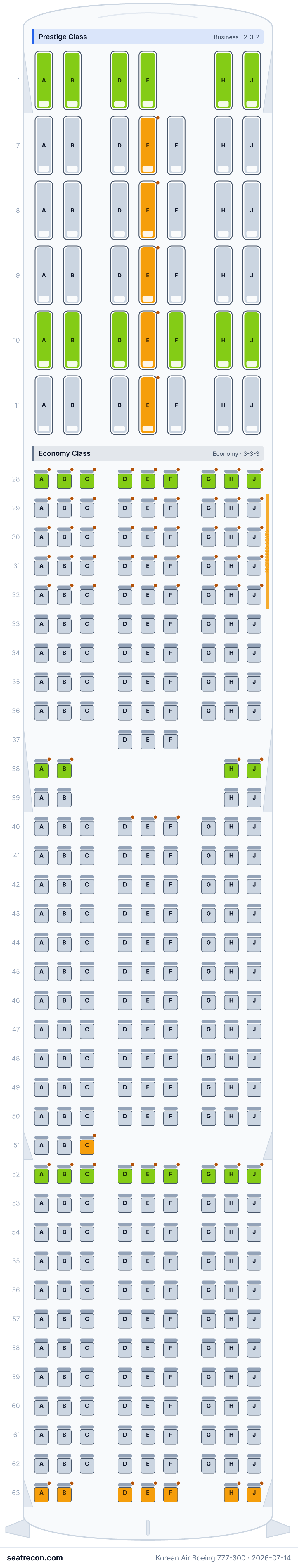 Korean Air Boeing 777-300 seat map diagram — Prestige Class, Economy Class (341 seats)