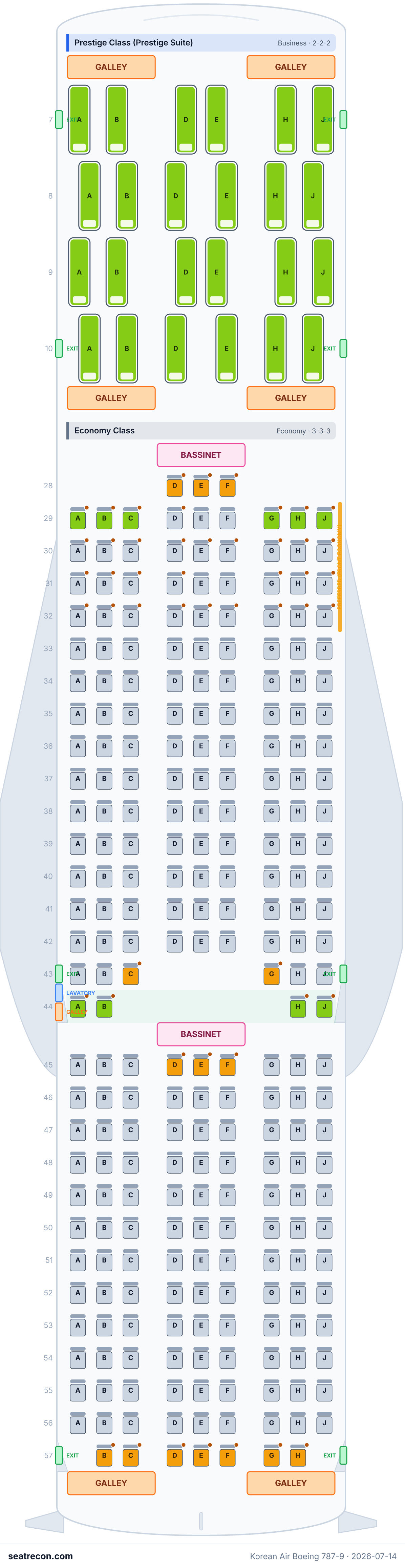 Korean Air Boeing 787-9 seat map diagram — Prestige Class (Prestige Suite), Economy Class (278 seats)