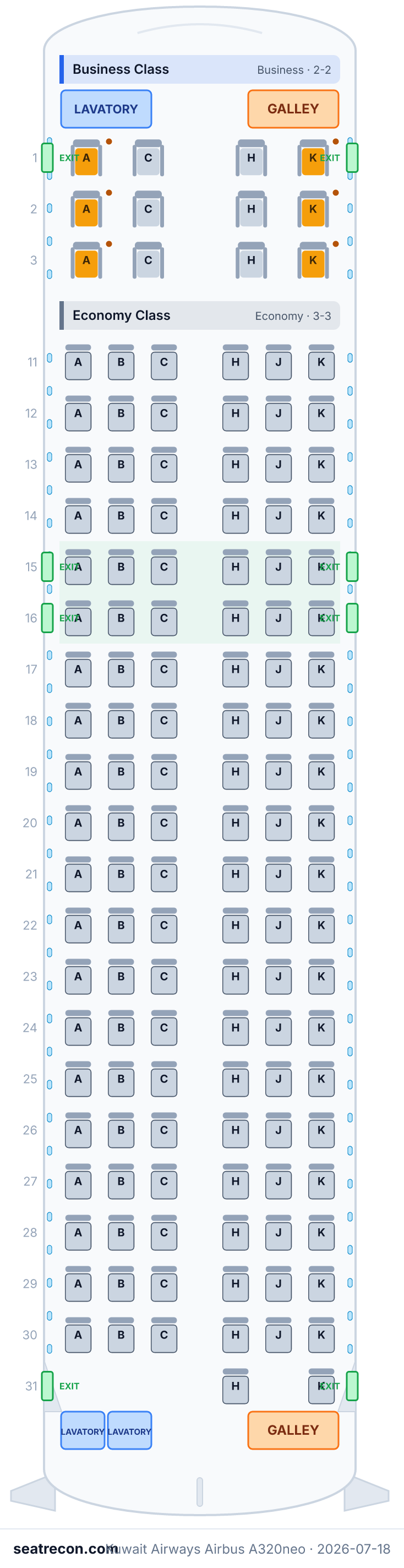 Kuwait Airways Airbus A320neo seat map diagram — Business Class, Economy Class (134 seats)