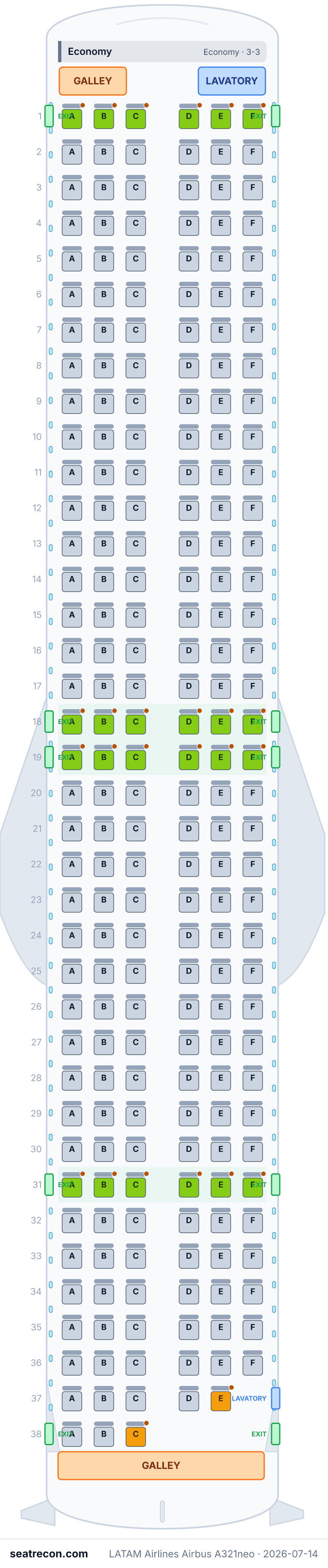LATAM Airlines Airbus A321neo seat map diagram — Economy (224 seats)