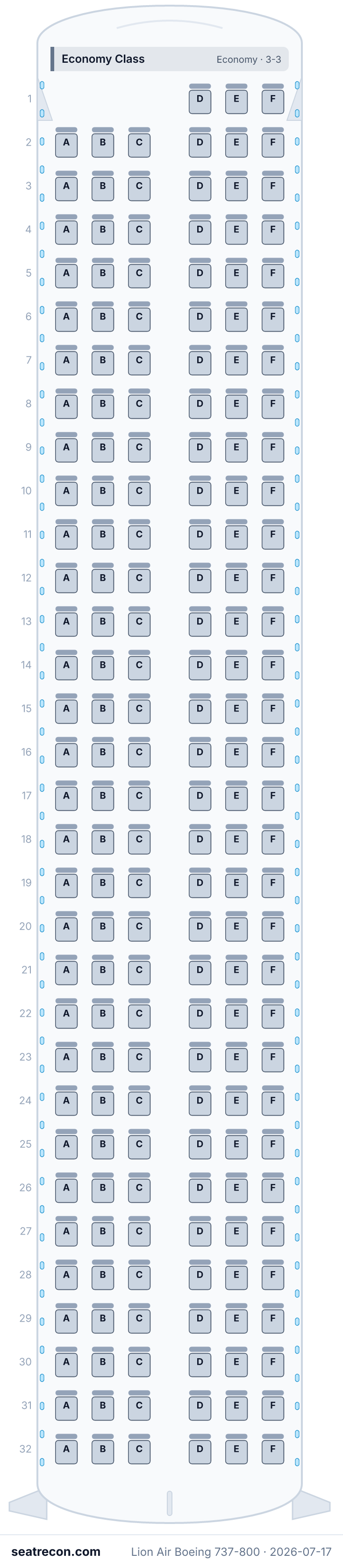 Lion Air Boeing 737-800 seat map diagram — Economy Class (189 seats)