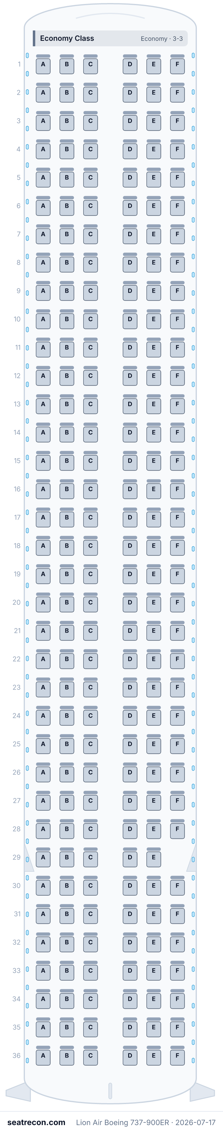 Lion Air Boeing 737-900ER seat map diagram — Economy Class (215 seats)
