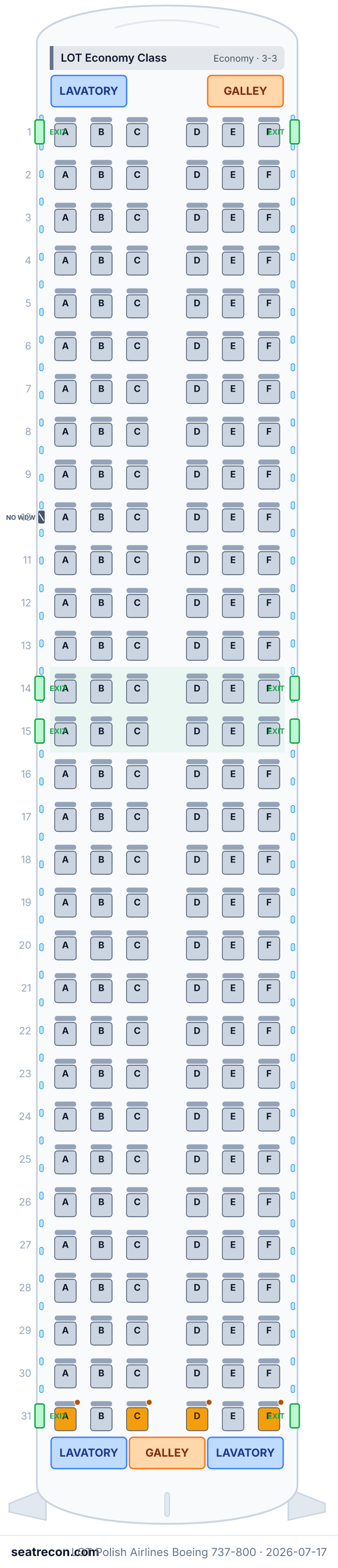 LOT Polish Airlines Boeing 737-800 seat map diagram — LOT Economy Class (186 seats)
