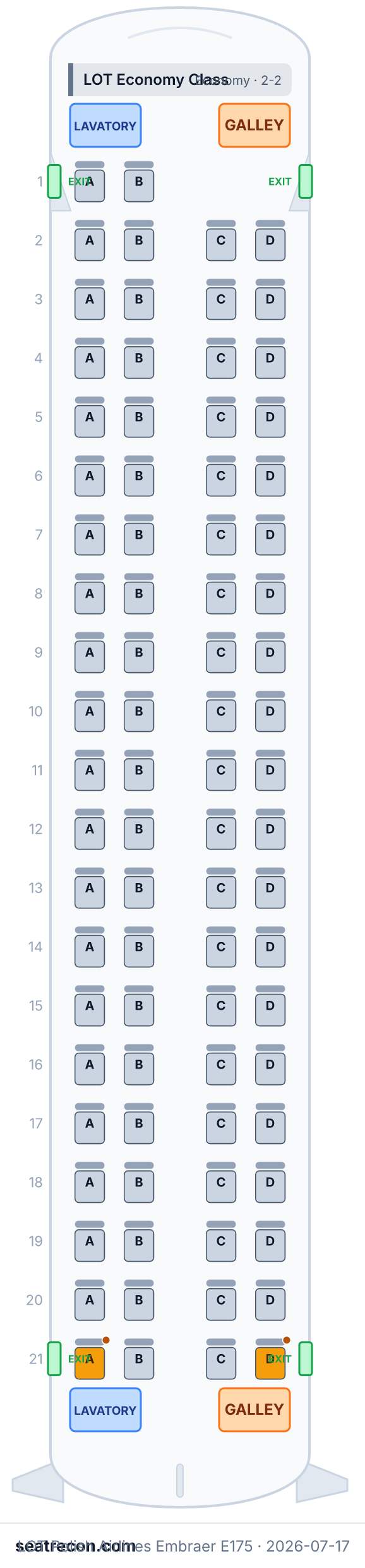 LOT Polish Airlines Embraer E175 seat map diagram — LOT Economy Class (82 seats)