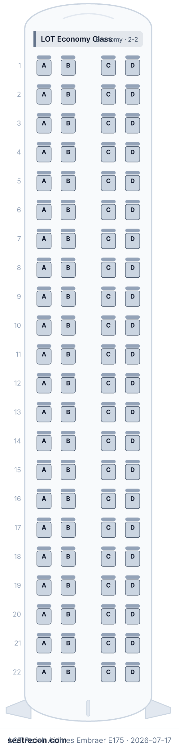 LOT Polish Airlines Embraer E175 seat map diagram — LOT Economy Class (88 seats)