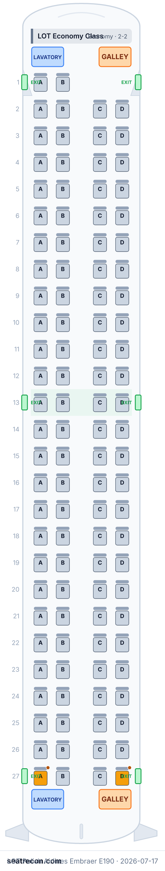 LOT Polish Airlines Embraer E190 seat map diagram — LOT Economy Class (106 seats)