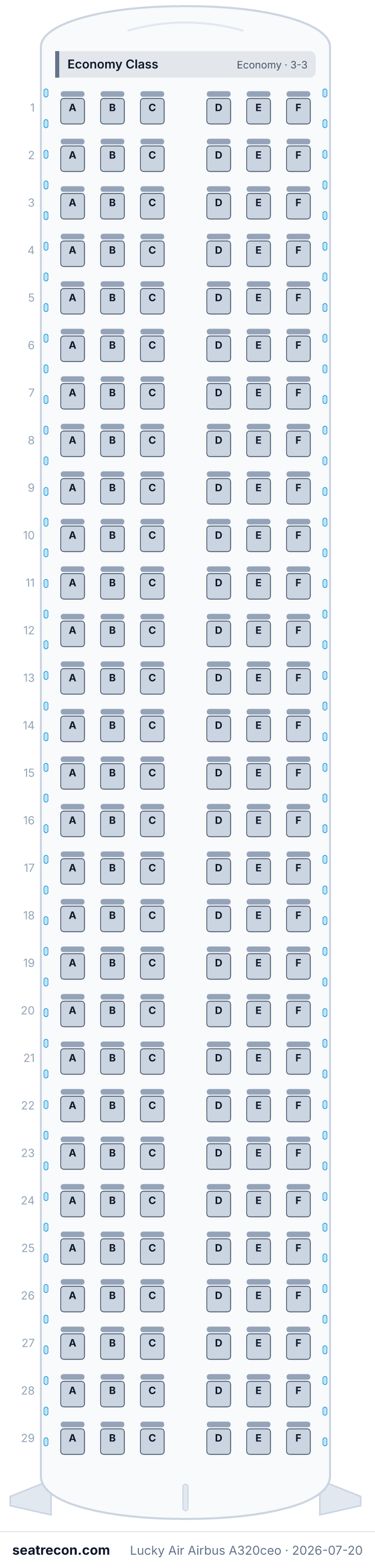 Mapa de asientos del Airbus A320ceo de Lucky Air (174Y)