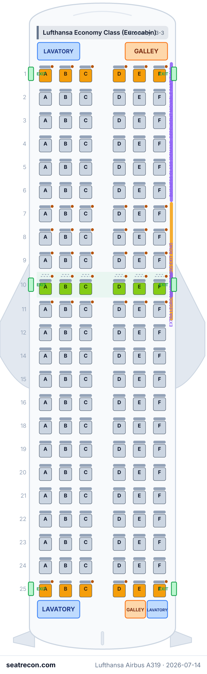 Lufthansa Airbus A319 seat map diagram — Lufthansa Economy Class (Eurocabin) (138 seats)