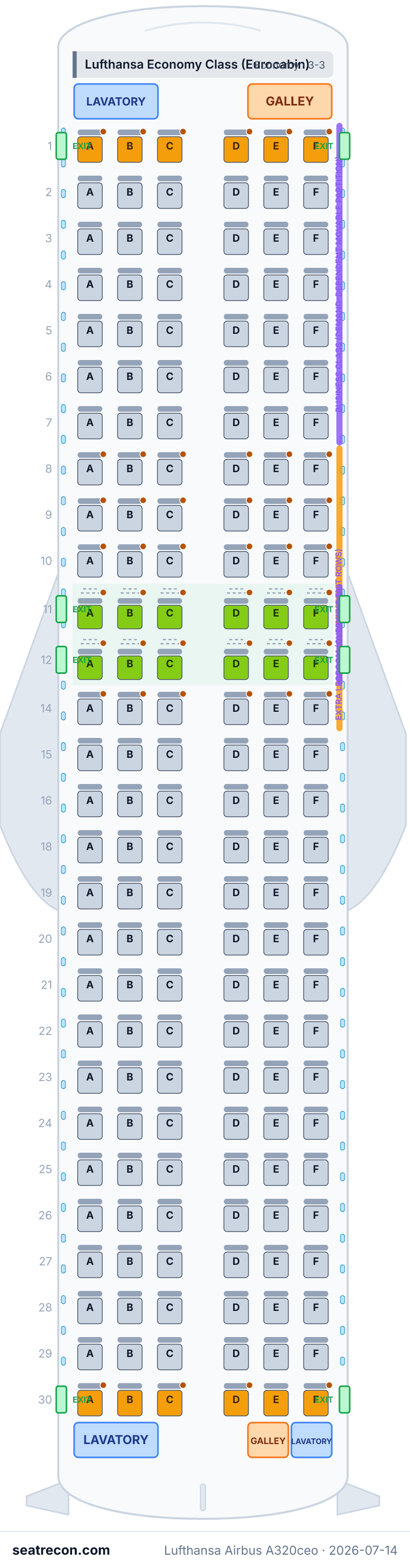 Lufthansa Airbus A320ceo seat map diagram — Lufthansa Economy Class (Eurocabin) (168 seats)