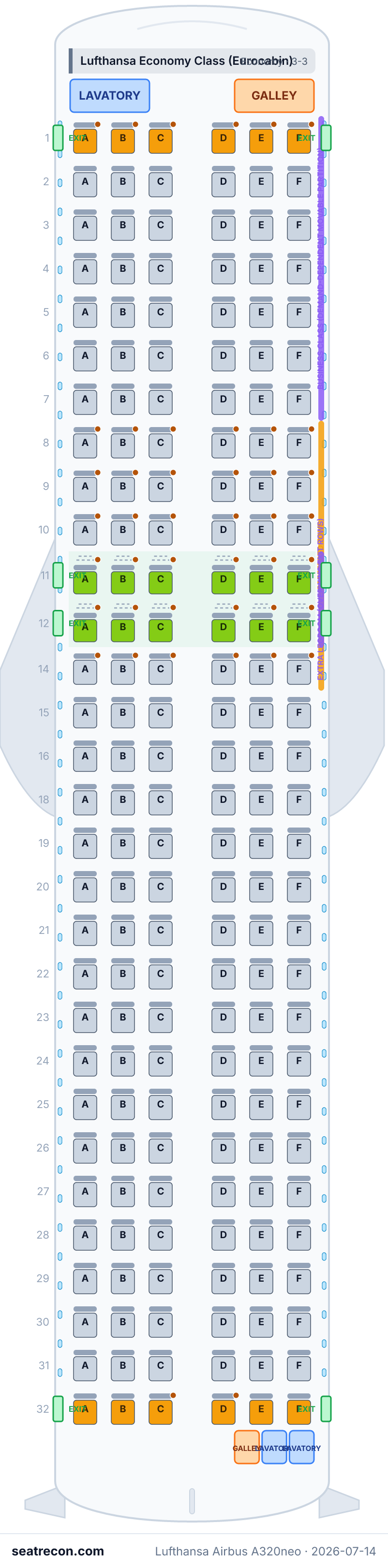 Lufthansa Airbus A320neo seat map diagram — Lufthansa Economy Class (Eurocabin) (180 seats)