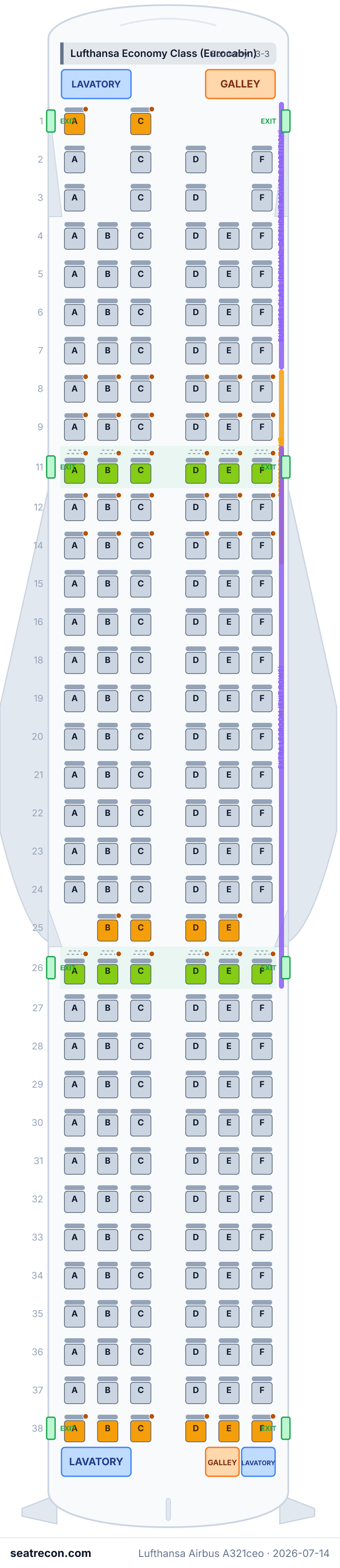 Lufthansa Airbus A321ceo seat map diagram — Lufthansa Economy Class (Eurocabin) (200 seats)