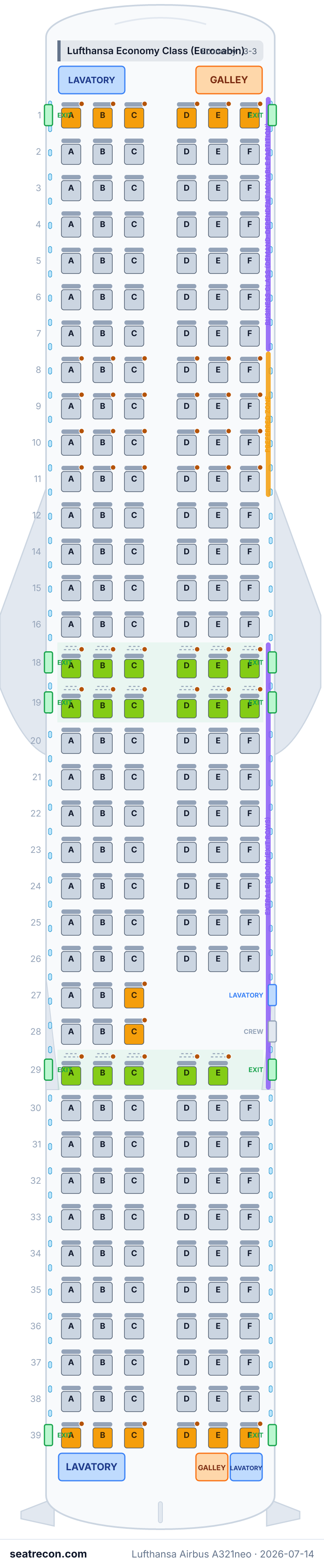 Lufthansa Airbus A321neo seat map diagram — Lufthansa Economy Class (Eurocabin) (215 seats)