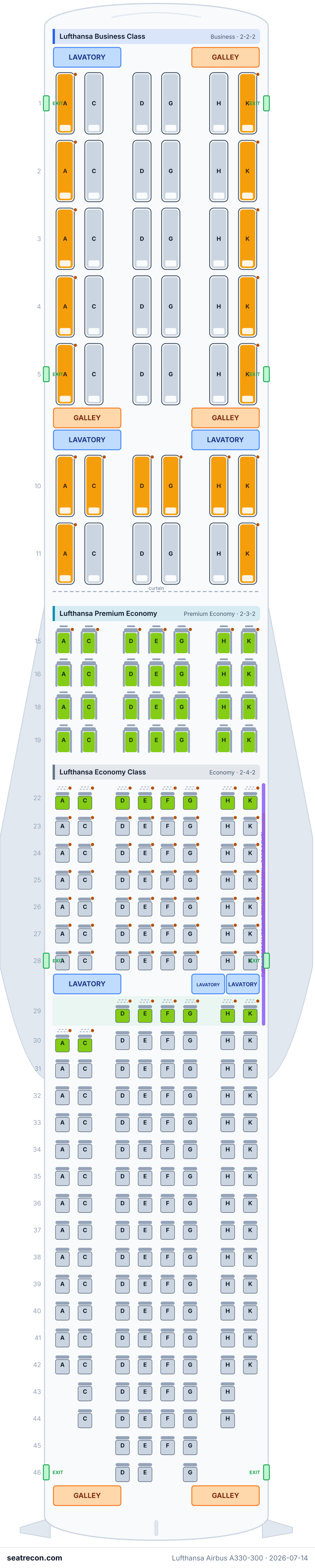 Lufthansa Airbus A330-300 seat map diagram — Lufthansa Business Class, Lufthansa Premium Economy, Lufthansa Economy Class (255 seats)