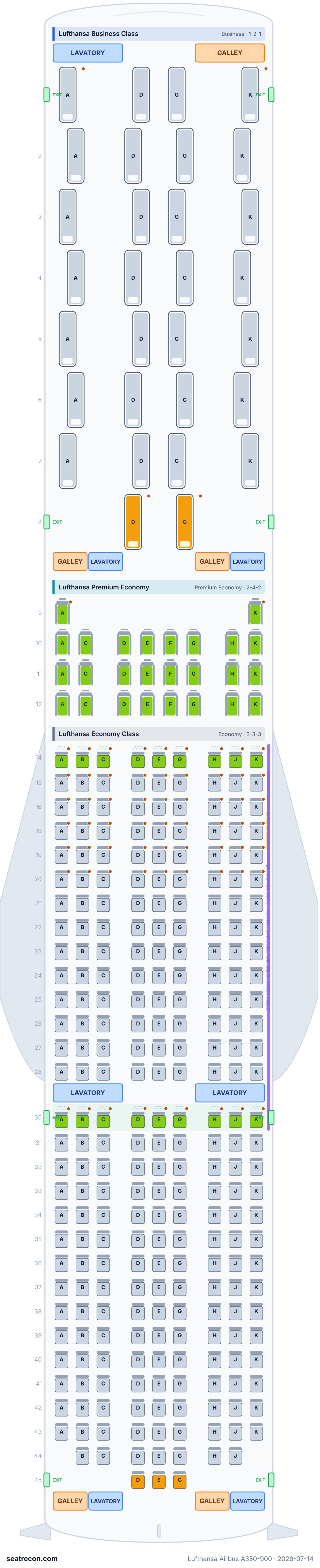 Lufthansa Airbus A350-900 seat map diagram — Lufthansa Business Class, Lufthansa Premium Economy, Lufthansa Economy Class (318 seats)