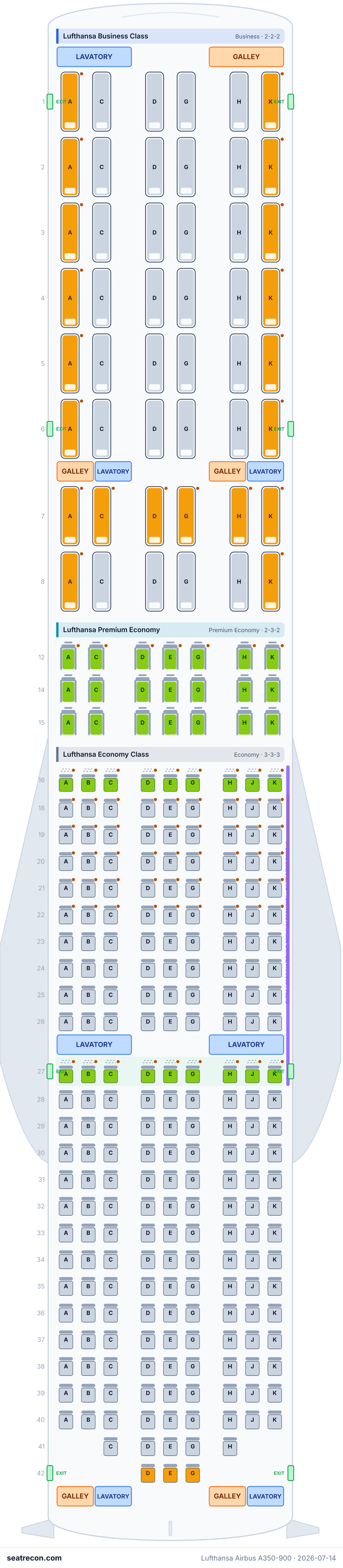 Lufthansa Airbus A350-900 seat map diagram — Lufthansa Business Class, Lufthansa Premium Economy, Lufthansa Economy Class (293 seats)