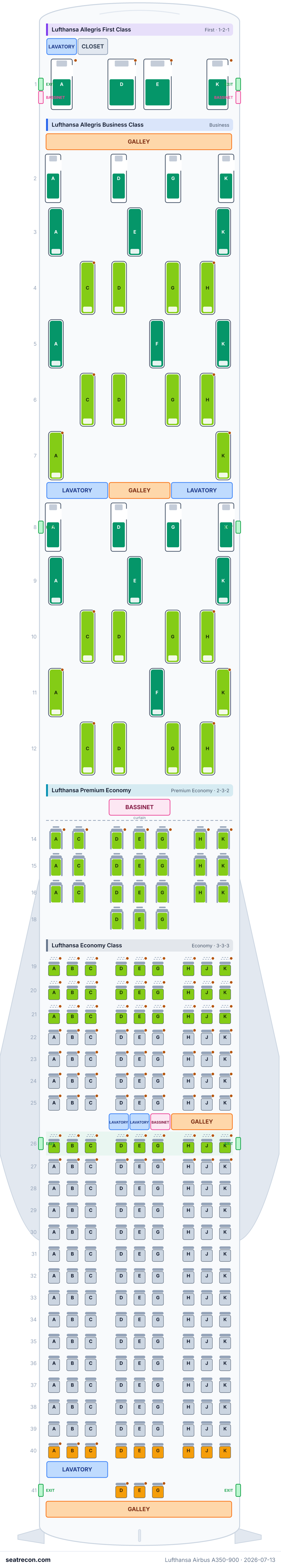 Lufthansa Airbus A350-900 seat map diagram — Lufthansa Allegris First Class, Lufthansa Allegris Business Class, Lufthansa Premium Economy, Lufthansa Economy Class (267 seats)
