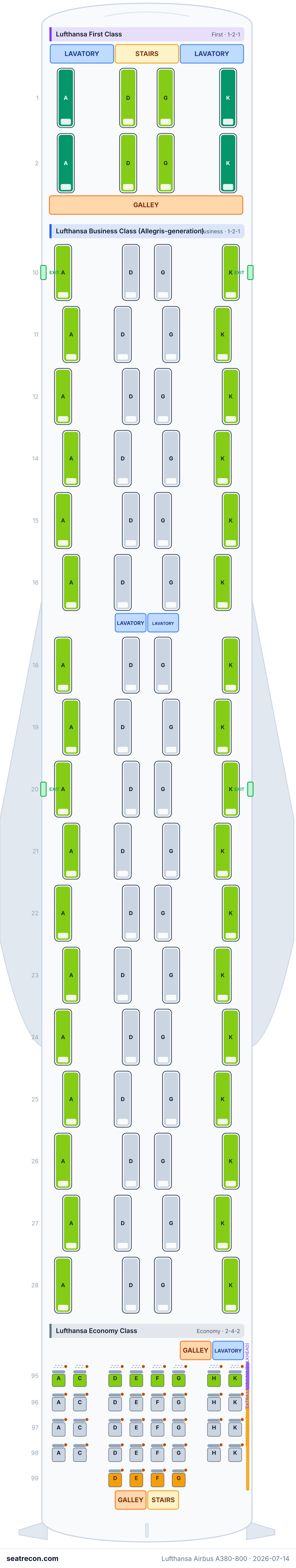 Lufthansa Airbus A380-800 seat map diagram — Lufthansa First Class, Lufthansa Business Class (Allegris-generation), Lufthansa Economy Class, Lufthansa Premium Economy (499 seats) — upper deck