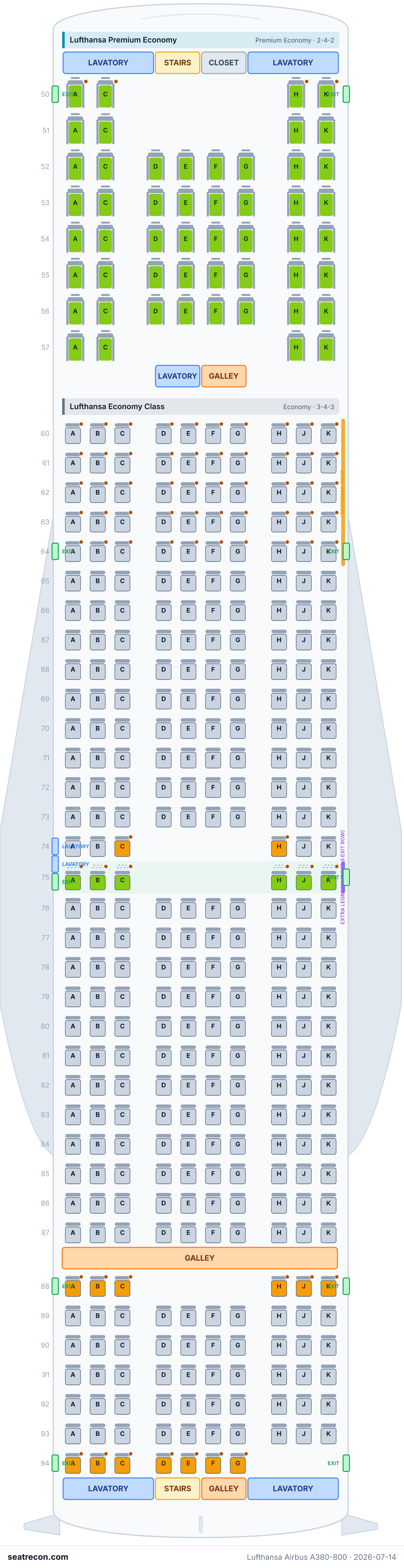 Lufthansa Airbus A380-800 seat map diagram — Lufthansa First Class, Lufthansa Business Class (Allegris-generation), Lufthansa Economy Class, Lufthansa Premium Economy (499 seats)