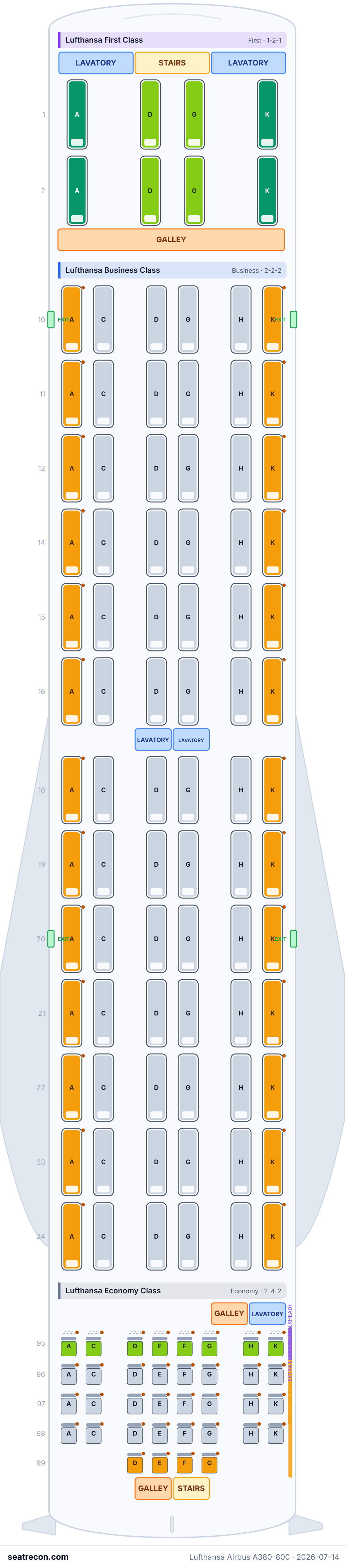 Lufthansa Airbus A380-800 seat map diagram — Lufthansa First Class, Lufthansa Business Class, Lufthansa Economy Class, Lufthansa Premium Economy (509 seats) — upper deck