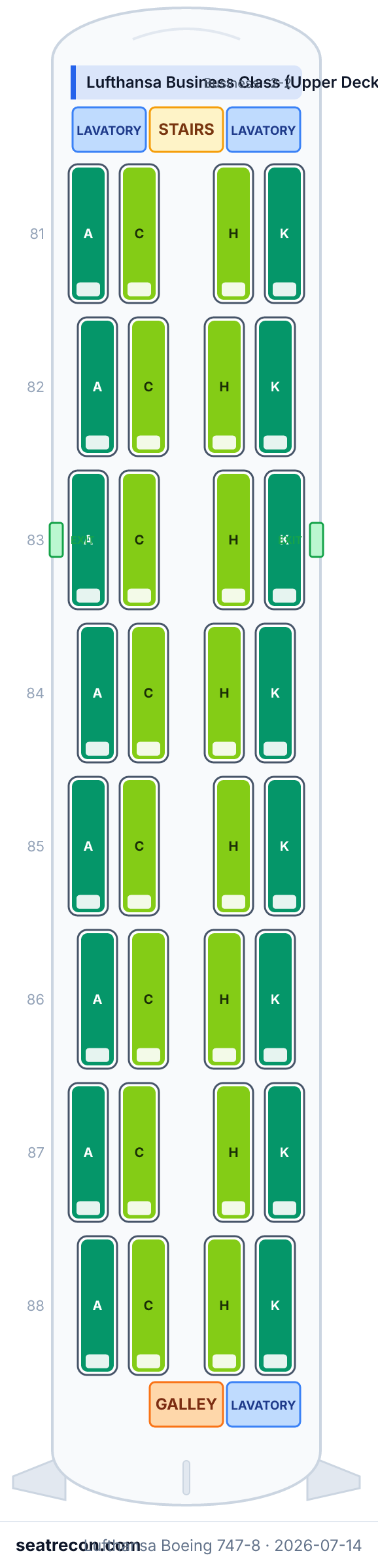 Lufthansa Boeing 747-8 seat map diagram — Lufthansa First Class, Lufthansa Business Class, Lufthansa Premium Economy, Lufthansa Economy Class (364 seats) — upper deck